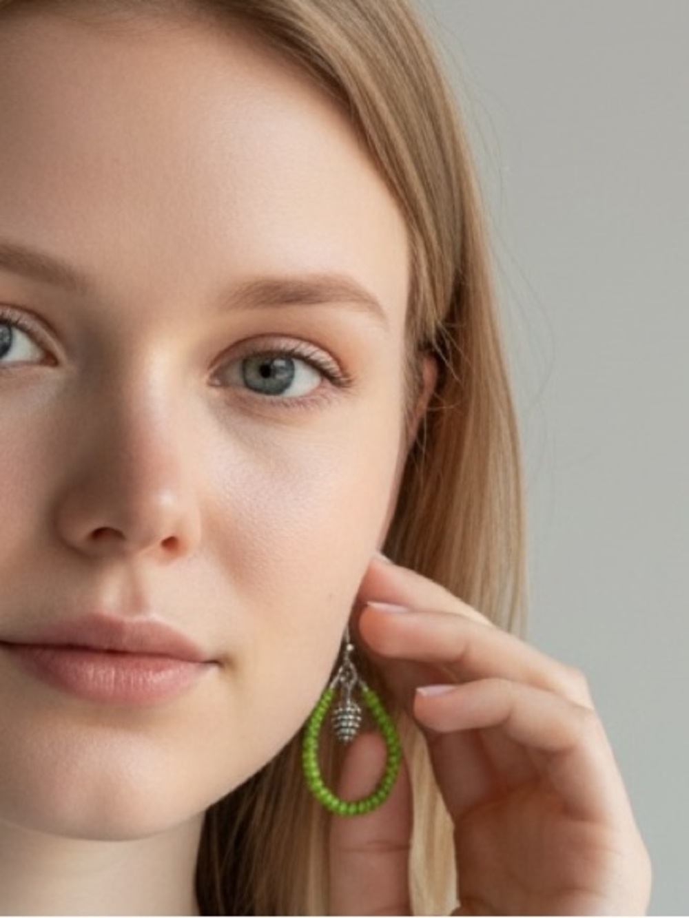 Handmade Lime Green Beaded Teardrop Earrings with Silver Leaf Charm